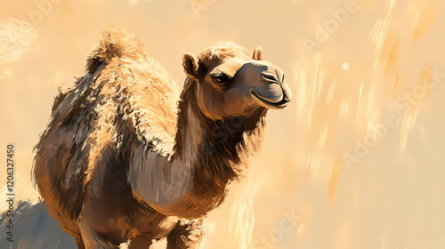 A camel with a humped back and sandy brown fur against an isolated light ivory background, the soft light casts gentle shadows on the camel, creating intricate patterns. Ivory Desert. Illustration photo