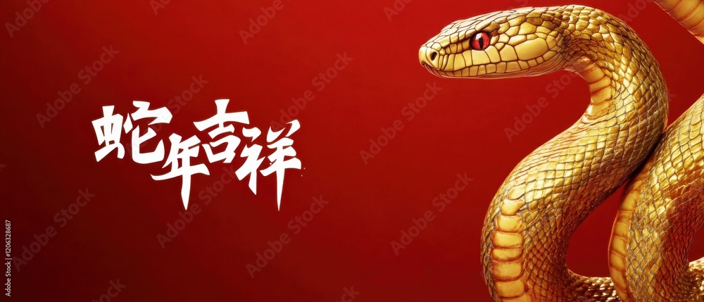 Obraz premium Golden snake with red eyes on red background with Chinese calligraphy for the year of the snake Concept of Chinese New Year, zodiac and good luck