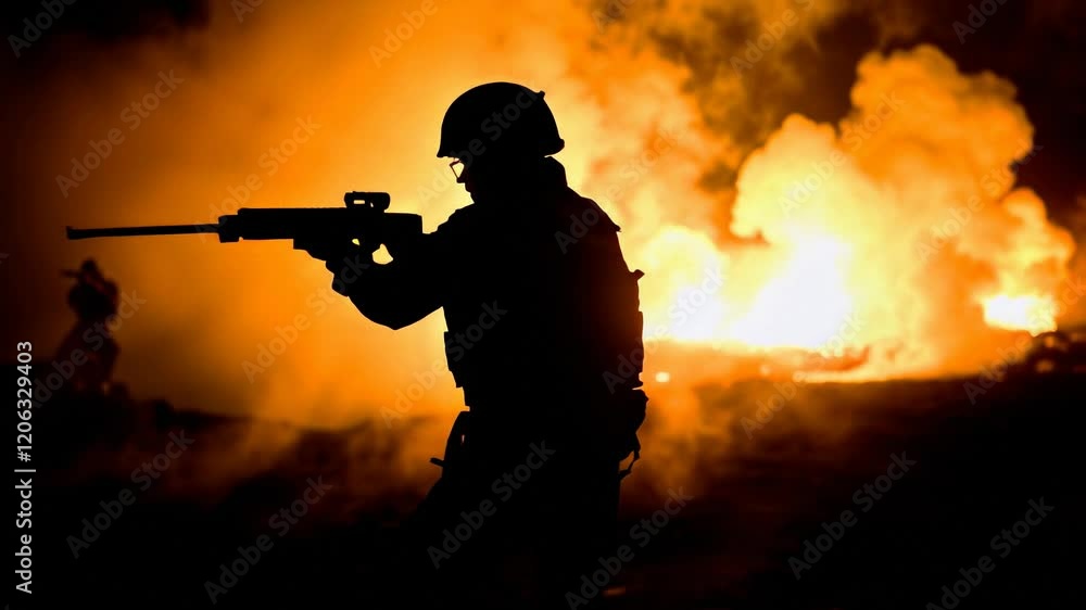 Soldier Silhouette Aiming Rifle Amid Flames Soldier Silhouette Aiming Rifle Amid Flames