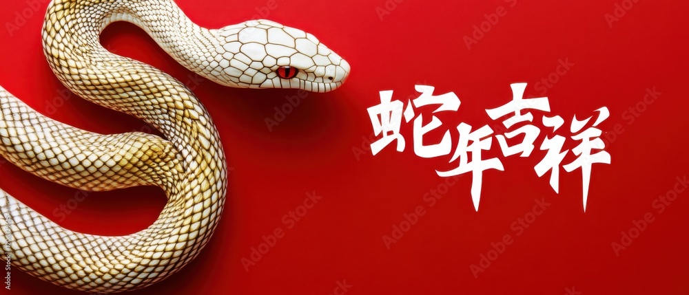 Obraz premium Year of the Snake illustration with white snake and Chinese calligraphy on red background Concept of Chinese New Year and zodiac