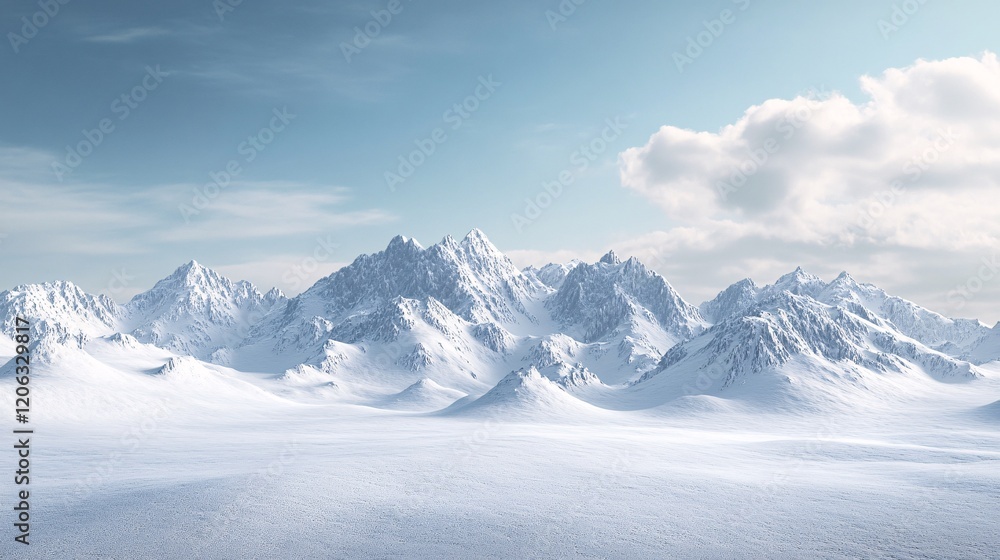 Snow covered mountains rising above frozen landscape under cloudy sky Snow covered mountains rising above frozen landscape under cloudy sky