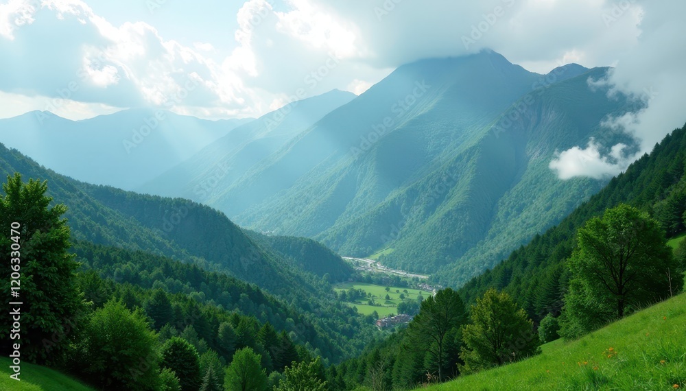 Fototapeta premium Lush green forest sprawls beneath misty mountain peaks, vegetation, clouds, greenery