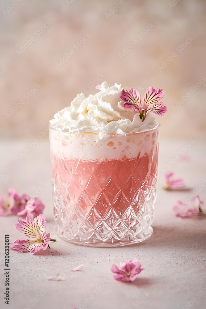 Pink creamy drink with whipped cream and flowers in a crystal glass. Pink creamy drink with whipped cream and flowers in a crystal glass.