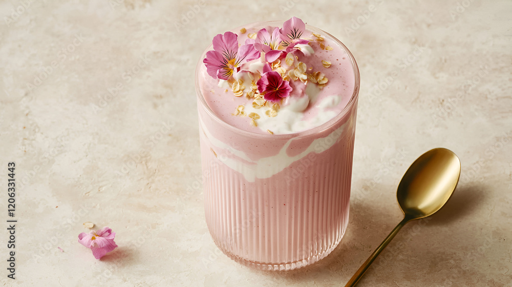 Pink smoothie topped with whipped cream, oats, and edible flowers. A refreshing and healthy breakfast or snack option. Pink smoothie topped with whipped cream, oats, and edible flowers. A refreshing and healthy breakfast or snack option.