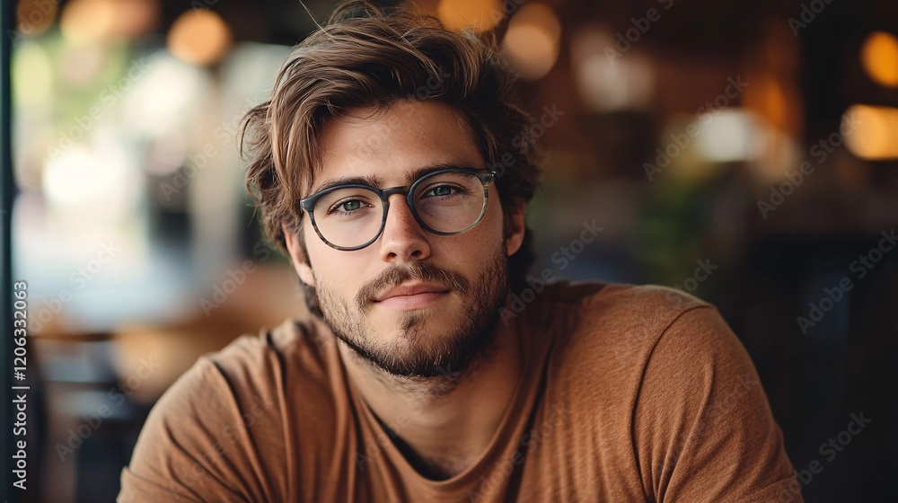 Obraz premium Stylish man with glasses and beard sitting in cafe