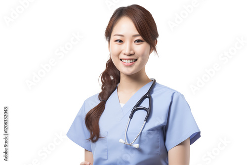 Smiling Asian Nurse in Professional Uniform with Stethoscope, Friendly and Caring Healthcare Worker, Transparent Background, Ideal for Medical, Healthcare, and Wellness Concepts. PNG. cut out.