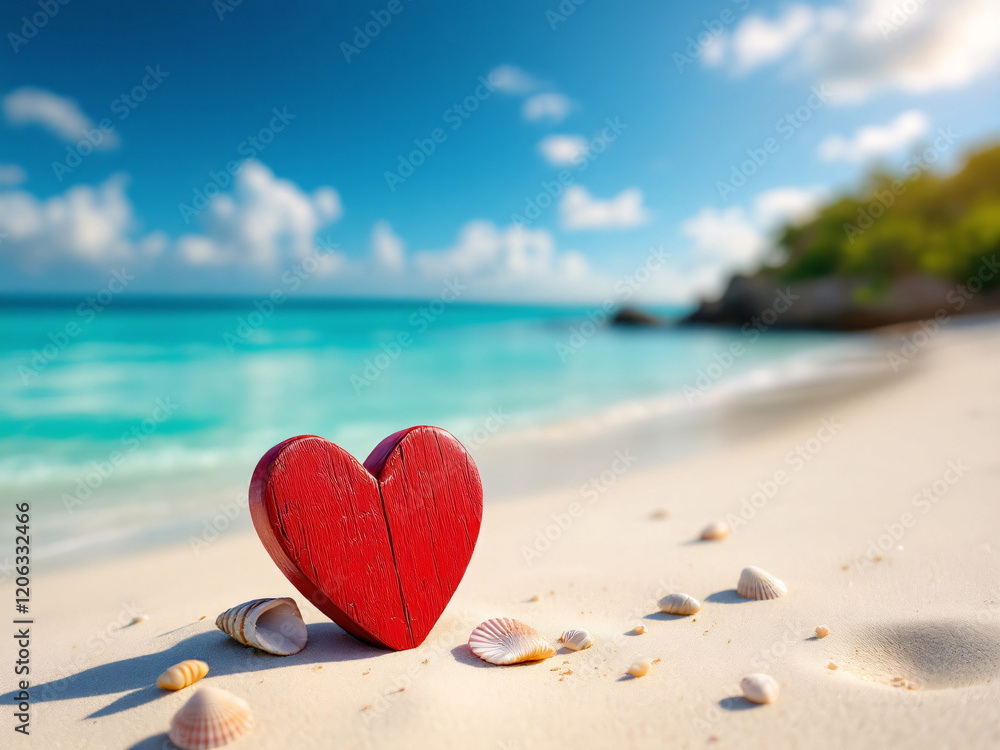 Fototapeta premium Red wooden heart on sandy beach