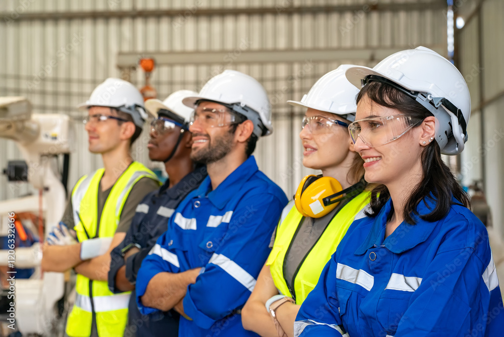 Team of diverse workers wearing safety gear stands confidently in a modern industrial facility Team of diverse workers wearing safety gear stands confidently in a modern industrial facility