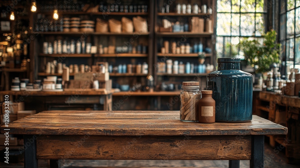 Rustic coffee shop interior with wooden counter Rustic coffee shop interior with wooden counter