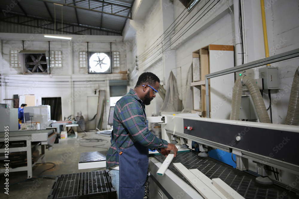 Skilled worker operates machinery in a woodworking workshop during a busy day Skilled worker operates machinery in a woodworking workshop during a busy day