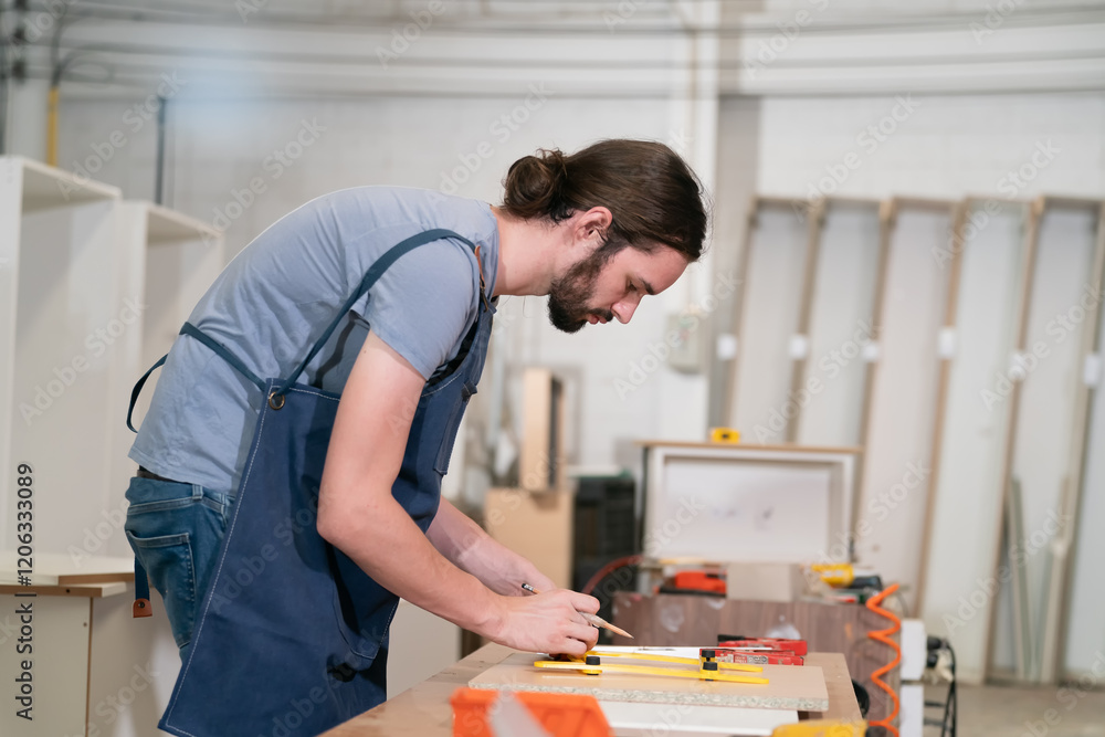 Carpenter measuring wood pieces in a workshop, focused on precision during an afternoon project Carpenter measuring wood pieces in a workshop, focused on precision during an afternoon project