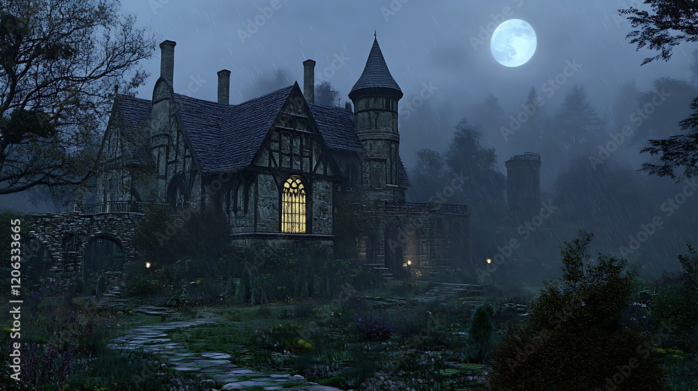A mysterious, moonlit mansion surrounded by misty woods. A mysterious, moonlit mansion surrounded by misty woods.