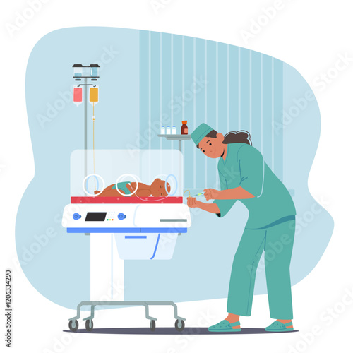 Nurse providing intensive neonatal care for preterm baby in incubator unite of intensive therapy