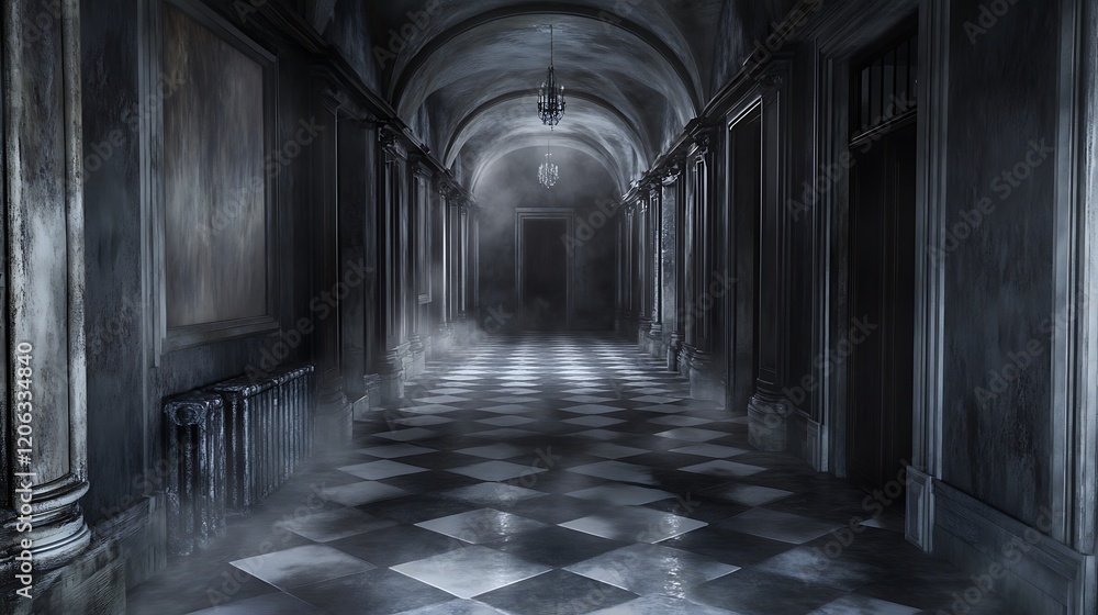Obraz premium A dimly lit, eerie corridor with mist and patterned flooring.