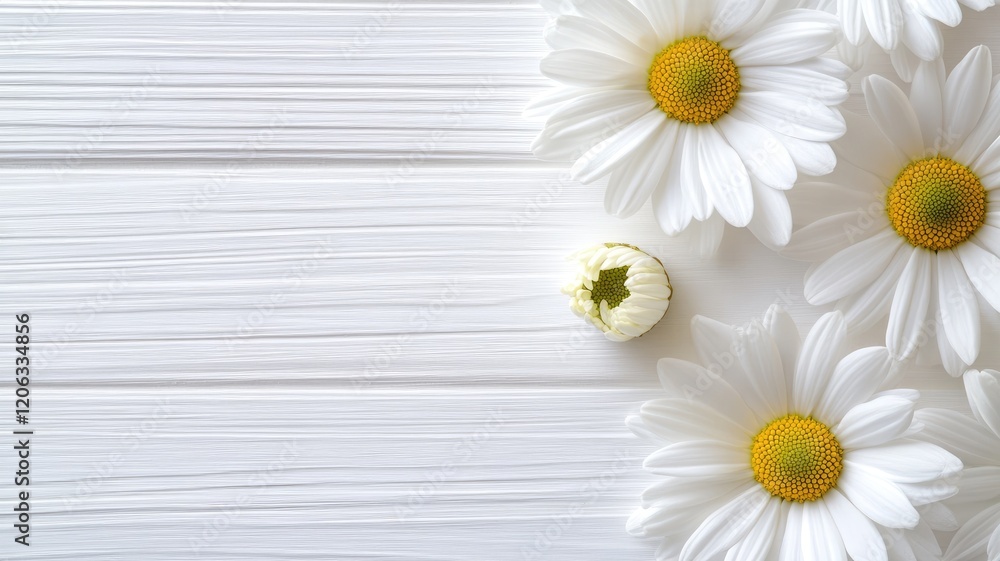 Obraz premium White daisies with yellow centers on wooden background
