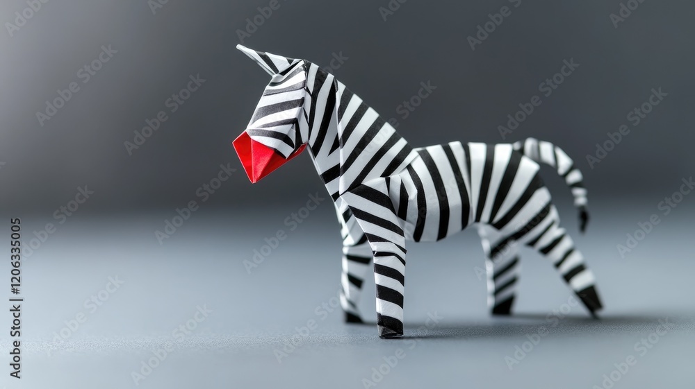 Obraz premium Black and white striped origami zebra with red nose on grey background