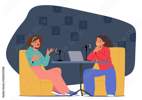 Teenage girls children cartoon characters streaming live podcast on radio enjoying trendy hobby