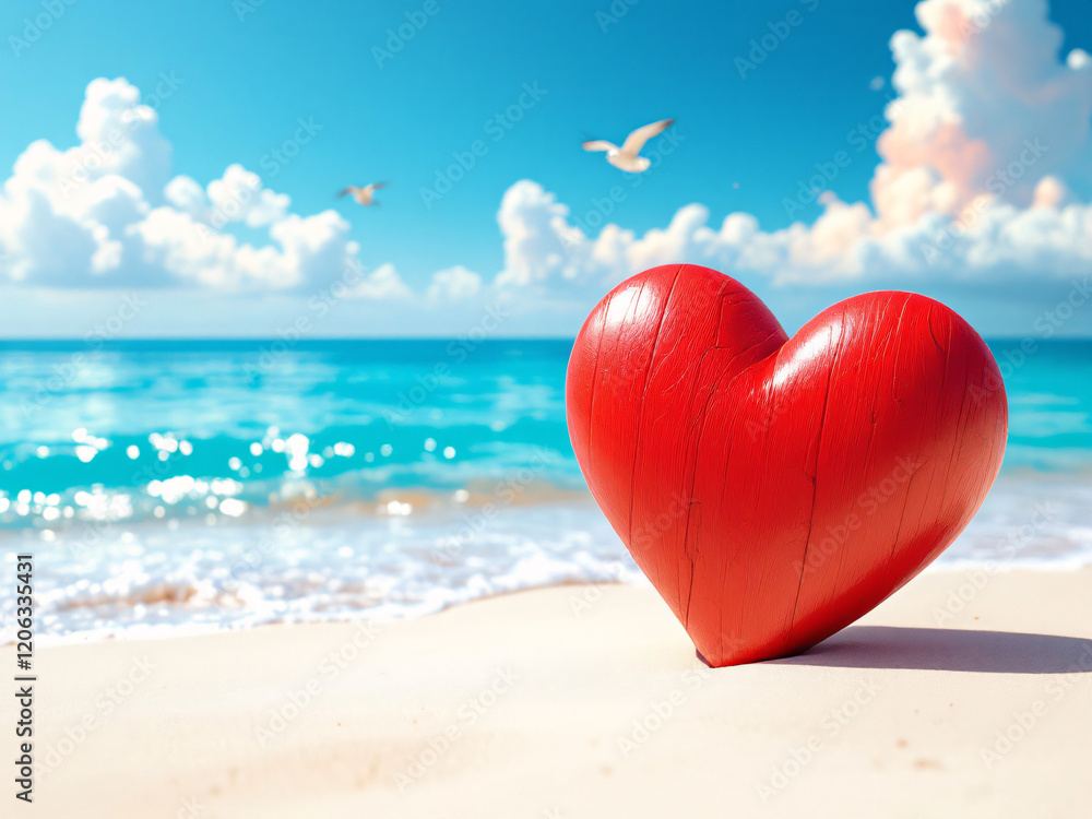 Fototapeta premium Red wooden heart on sandy beach