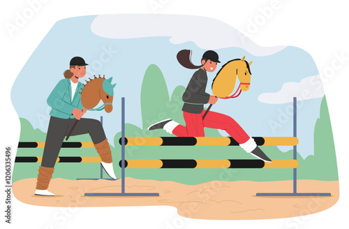 Teenagers cartoon characters sporting hobbyhorse jumping over barrier enjoying competition race