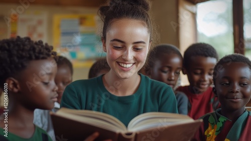 Teacher reading, surrounded by diverse, happy children, smiling and listening intently, engaging classroom atmosphere concept