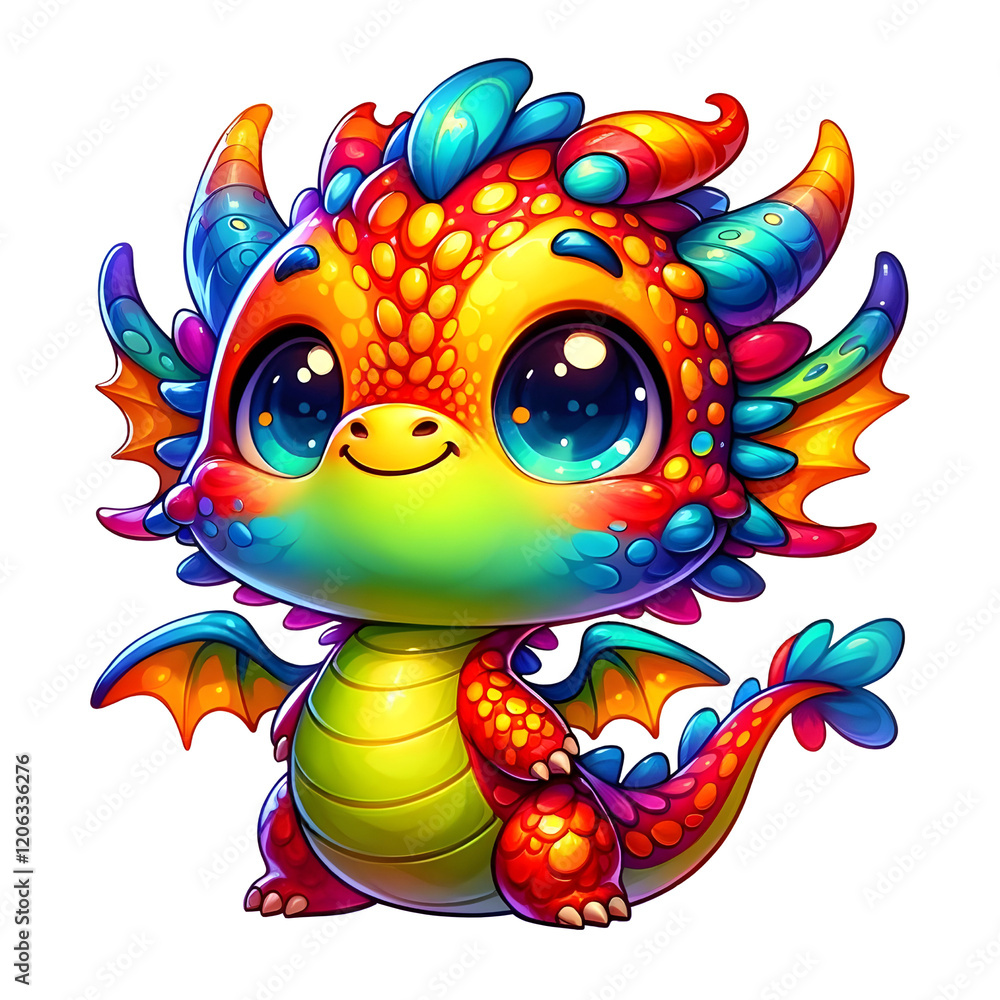 A vibrant baby dragon with rainbow-colored scales, radiating cuteness and joy in a playful and whimsical fantasy design. A vibrant baby dragon with rainbow-colored scales, radiating cuteness and joy in a playful and whimsical fantasy design.