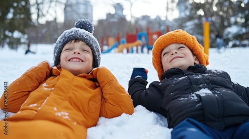 Boys enjoying playful winter fun in a snowy playground landscape photo