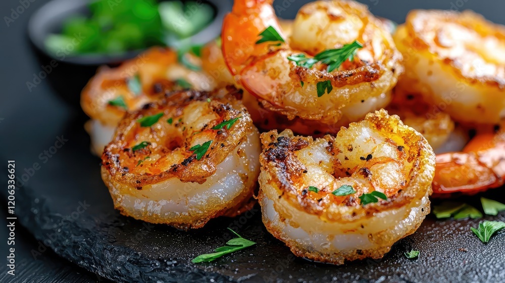 Grilled shrimp appetizer, dark background, close-up, food photography, recipe website Grilled shrimp appetizer, dark background, close-up, food photography, recipe website