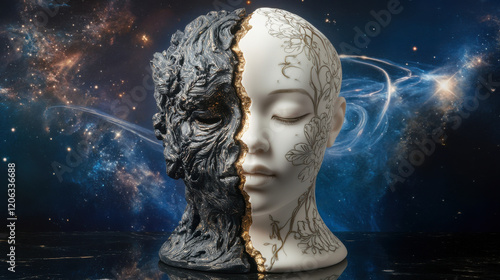 A surreal bust of two opposing halves, one side formed of fractured volcanic rock radiating heat, the other side delicate porcelain with intricate floral engravings photo