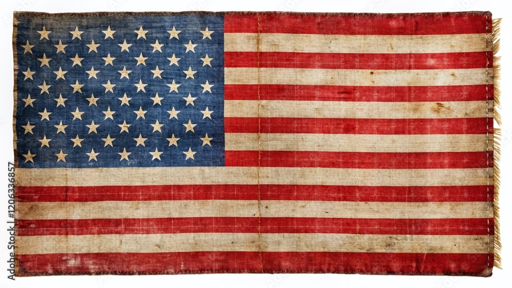 Naklejka premium Panoramic Vintage American 48-Star Flag Isolated on White Background
