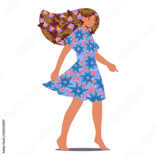 Beautiful barefoot woman cartoon character with flowers bloom in hair wearing summer dress