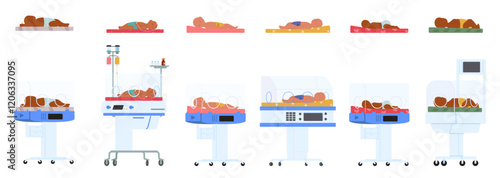 Newborn children little patients at neonatal intensive care center waiting for therapy isolated set