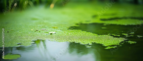 Exploring the vibrant texture of green algae on a tranquil water surface