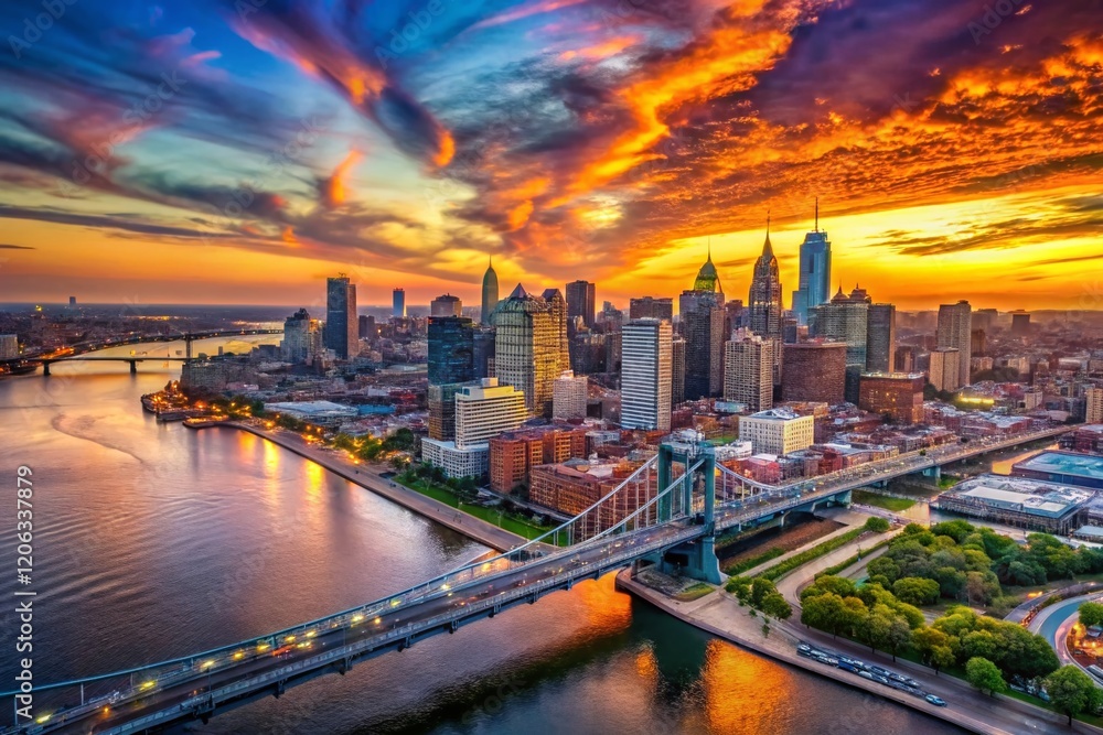 Philadelphia Skyline Aerial Night Photography: Sunset, Benjamin Franklin Bridge, Waterfront Philadelphia Skyline Aerial Night Photography: Sunset, Benjamin Franklin Bridge, Waterfront