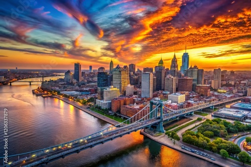 Philadelphia Skyline Aerial Night Photography: Sunset, Benjamin Franklin Bridge, Waterfront