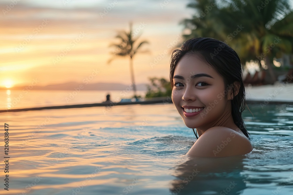 Beautiful Woman Relaxing in Luxury Pool Tropical Sunset Summer Vacation Happy Smiling Girl Water Paradise Ocean View Resort Travel sea sky joy fun swim palm Beautiful Woman Relaxing in Luxury Pool Tropical Sunset Summer Vacation Happy Smiling Girl Water Paradise Ocean View Resort Travel sea sky joy fun swim palm