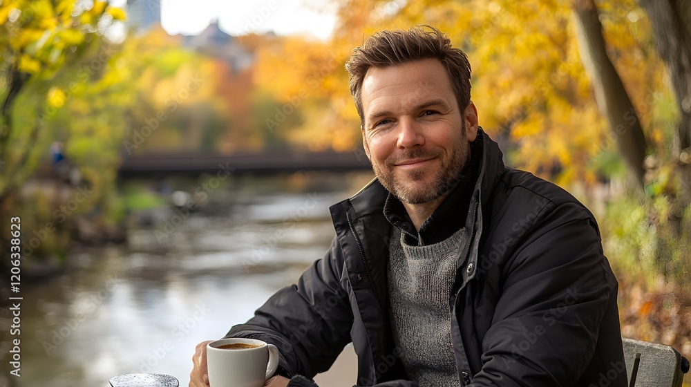 Man enjoying coffee near a river
Man enjoying coffee near a river