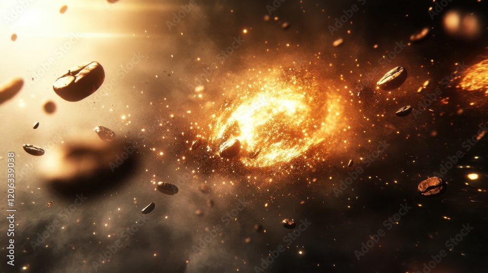 Naklejka premium Cosmic scene depicting swirling galaxies and floating debris in a vibrant space environment
