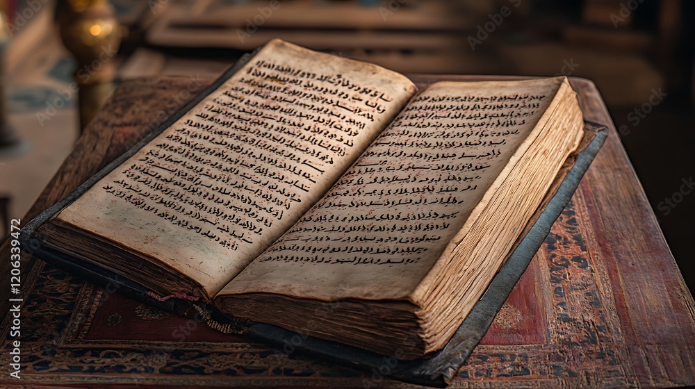 Obraz premium Ancient Arabic Text Book Open On Wooden Table