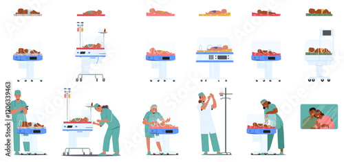 Neonatal intensive care center cartoon characters set with preterm babies, doctors and parents