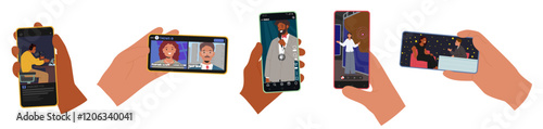 Hands holding smartphone with standup and talk show, weather forecast, podcast, news broadcasting