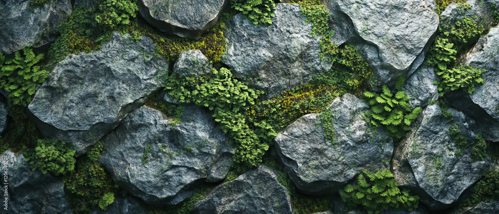 Textures of lush green moss growing on rough rocks in natural habitat Textures of lush green moss growing on rough rocks in natural habitat