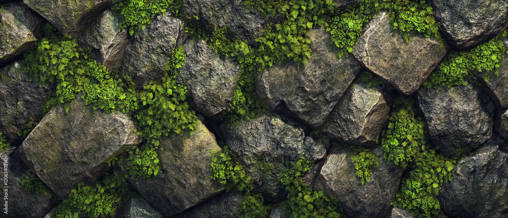 Texture of green moss softly covering rough rocks in an outdoor setting Texture of green moss softly covering rough rocks in an outdoor setting