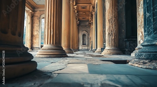 Ruined Classical Columns Line A Decaying Hallway
