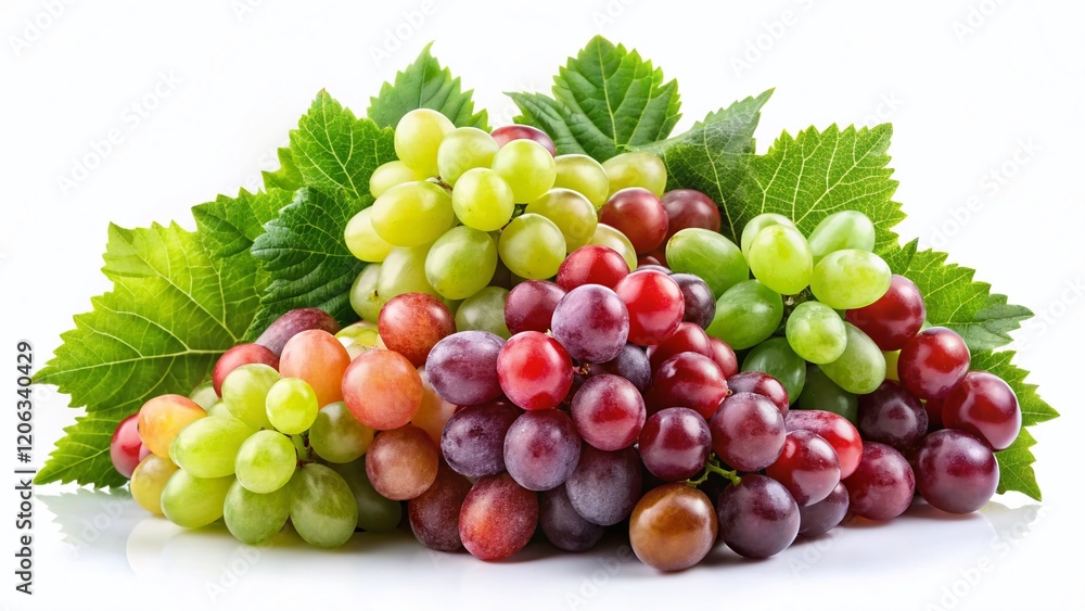 Red & Green Grapes with Leaves, Tilt-Shift Miniature Photography, Isolated on White Background Red & Green Grapes with Leaves, Tilt-Shift Miniature Photography, Isolated on White Background
