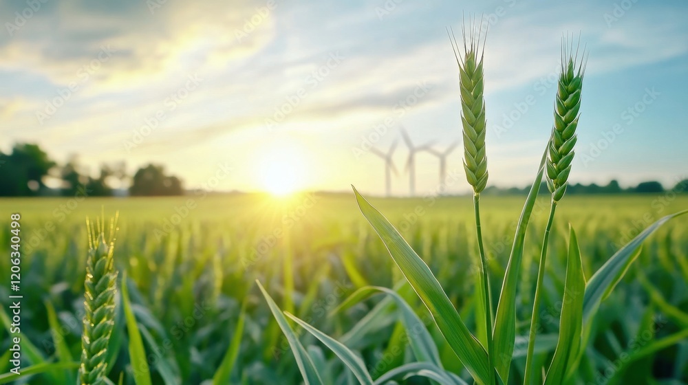 Obraz premium A serene landscape featuring green wheat fields under a bright sky with wind turbines in the background, illuminated by the warm glow of the setting sun.
