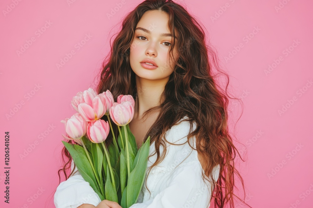 Stunning young brunette woman in white cotton shirt holding tulip bouquet against pink background Stunning young brunette woman in white cotton shirt holding tulip bouquet against pink background