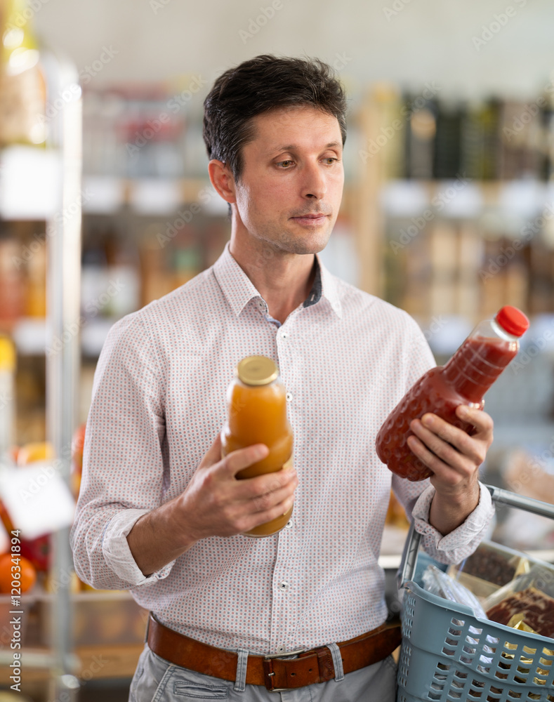 Fototapeta premium European man holds glass bottles of natural juice in his hands in a supermarket. Visitor chooses natural freshly squeezed juice for breakfast