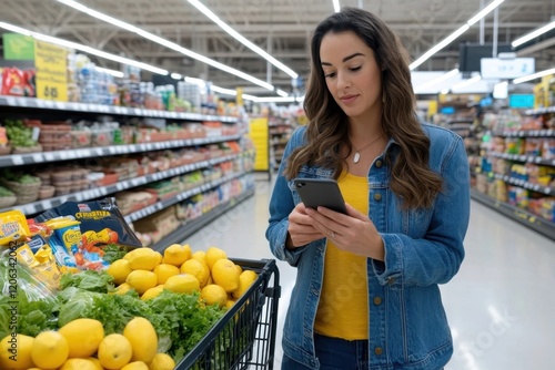 A woman in a denim jacket checks her phone while shopping for fresh produce in a grocery store aisle filled with colorful items. photo