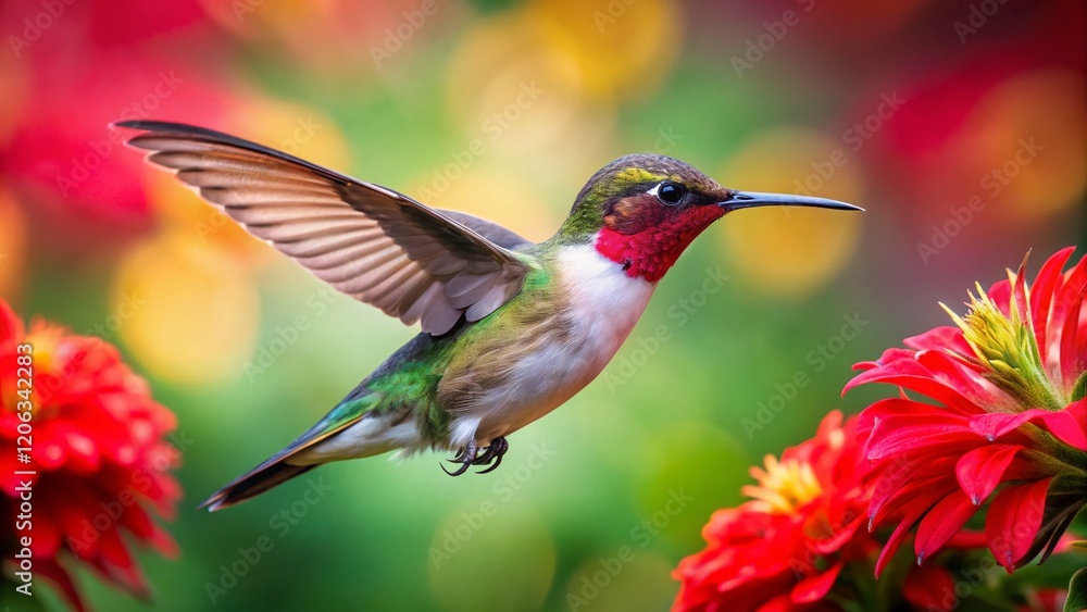 Fototapeta premium Ruby-Throated Hummingbird in Flight, Nectar Feeding, Close Up, Wildlife Photography