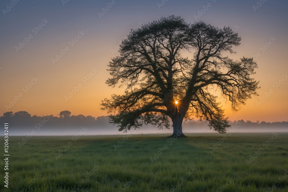 Obraz premium Calm meadow with a lone tree, gradient morning sky, soft mist, glowing dew reflections in the golden sunrise